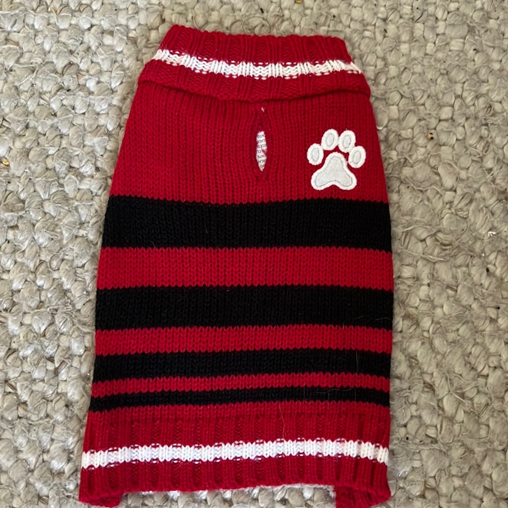 Dog Sweater Red Black with White Paw Print Size XXS